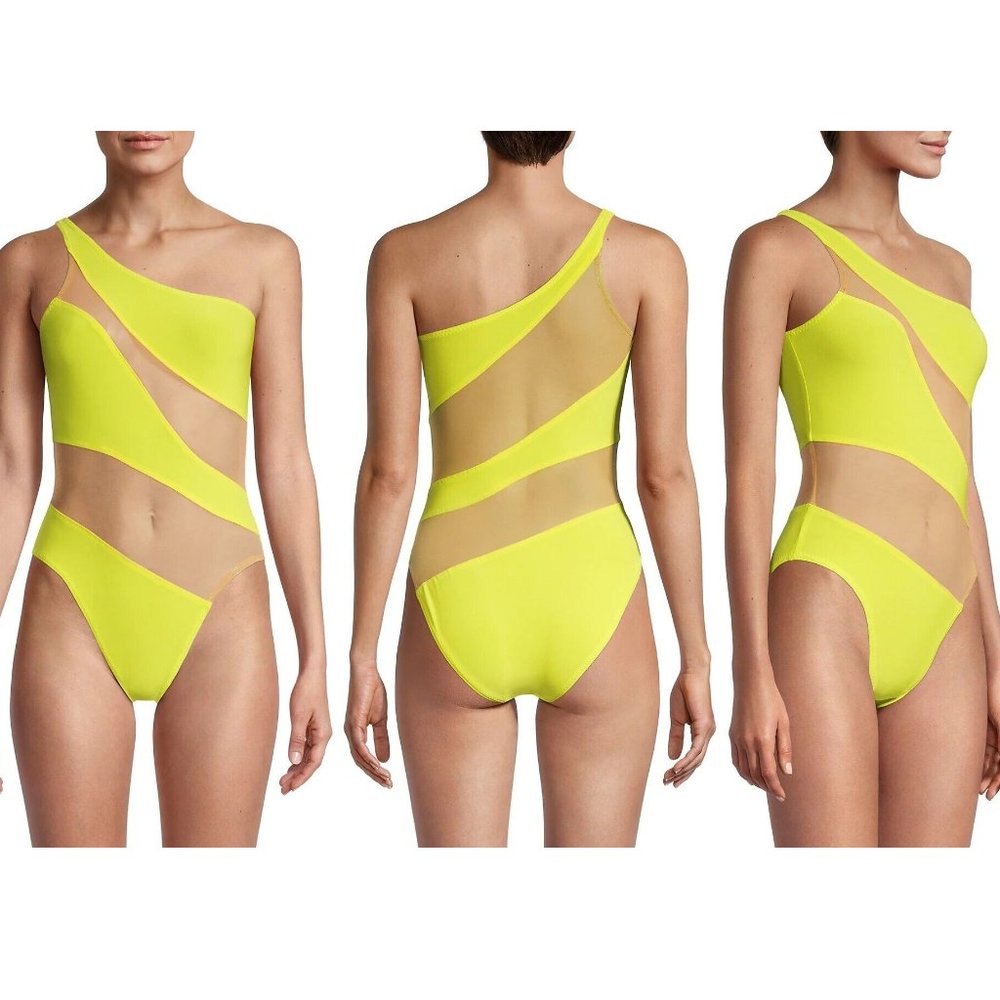 $265 NORMA KAMALI Snake Mesh One-Shoulder Swimsuit Bodysuit Nude Yellow SMALL